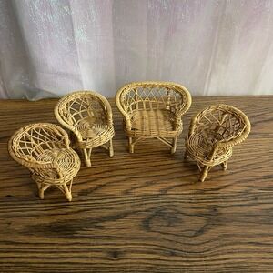 VTG Miniature Wicker Doll Furniture‎ Set Love Seat + 3 Chairs Boho Cottagecore